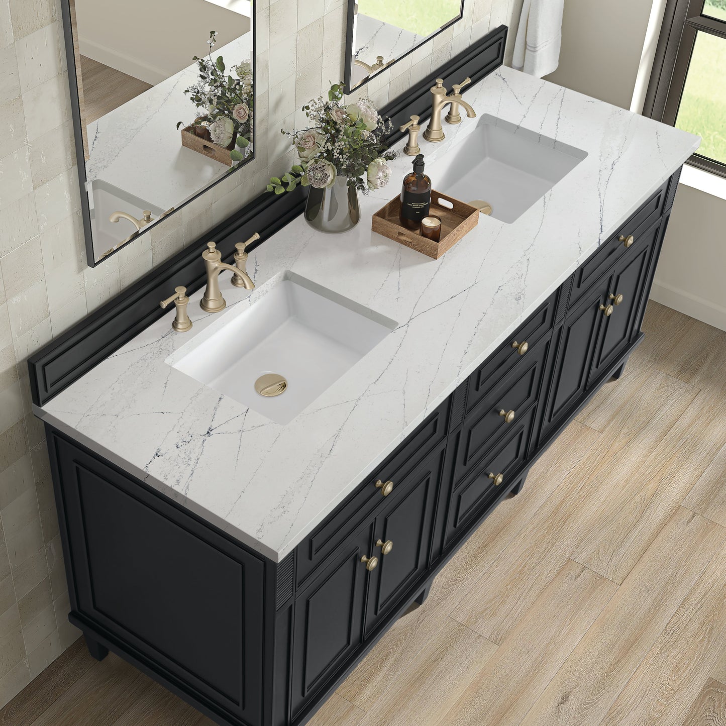 James Martin Vanities Lorelai 72" Black Onyx Double Vanity With 3 CM Ethereal Noctis Quartz Top