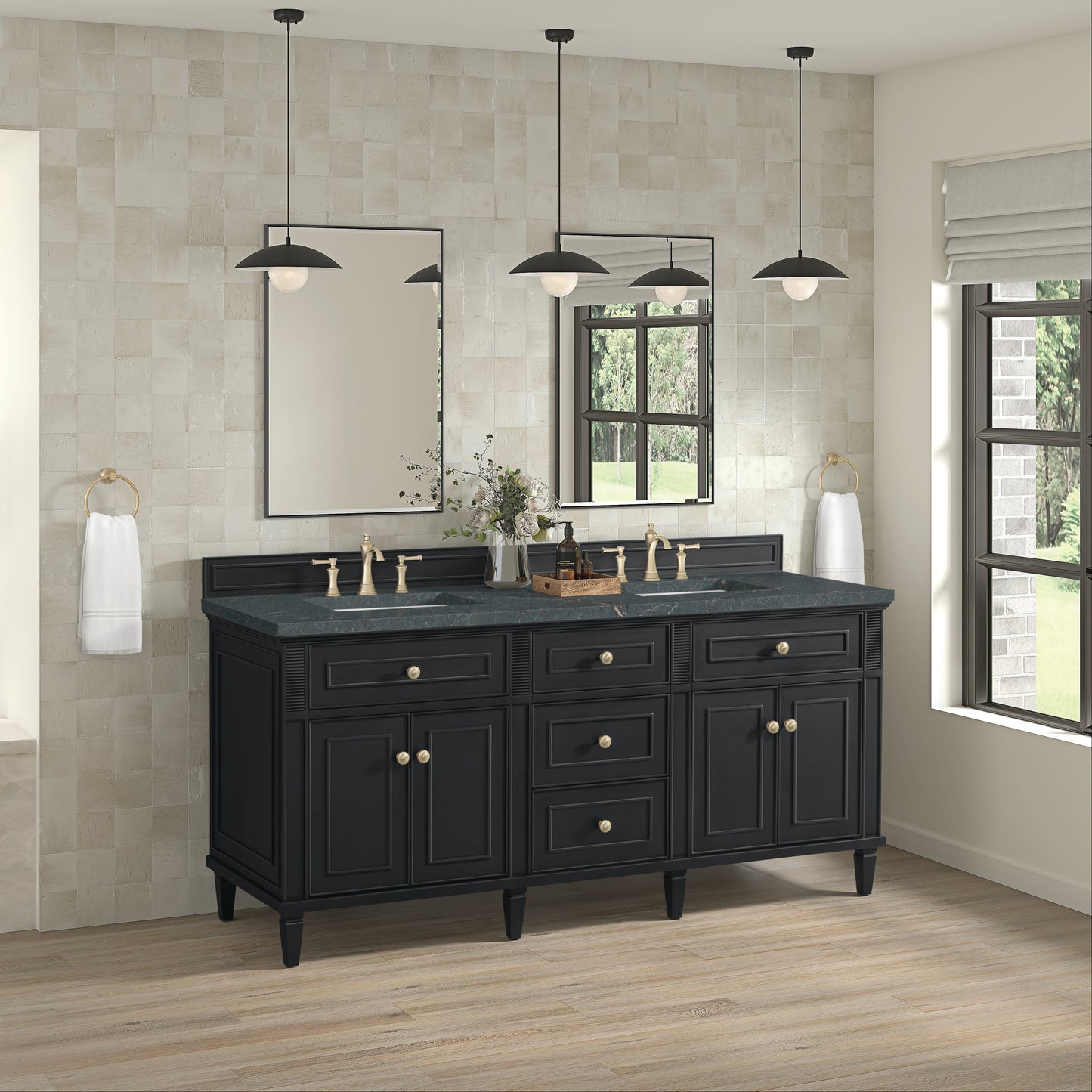 James Martin Vanities Lorelai 72" Black Onyx Double Vanity With 3 CM Parisien Bleu Quartz Top