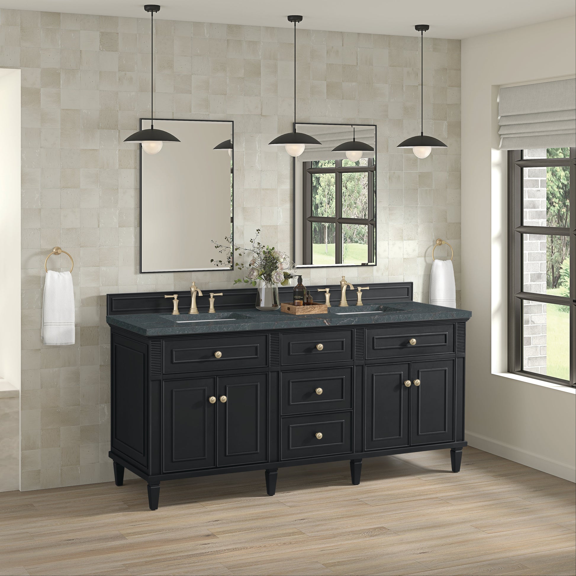 James Martin Vanities Lorelai 72" Black Onyx Double Vanity With 3 CM Parisien Bleu Quartz Top