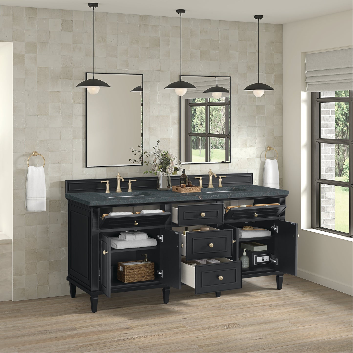 James Martin Vanities Lorelai 72" Black Onyx Double Vanity With 3 CM Parisien Bleu Quartz Top