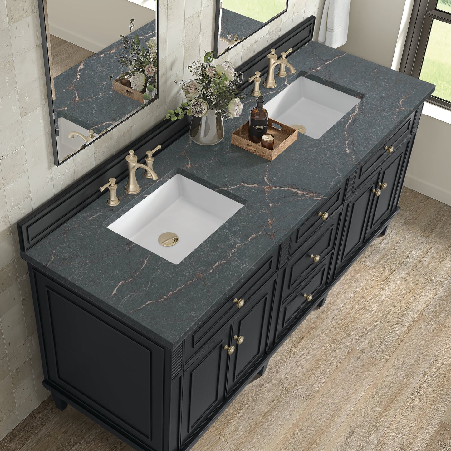 James Martin Vanities Lorelai 72" Black Onyx Double Vanity With 3 CM Parisien Bleu Quartz Top