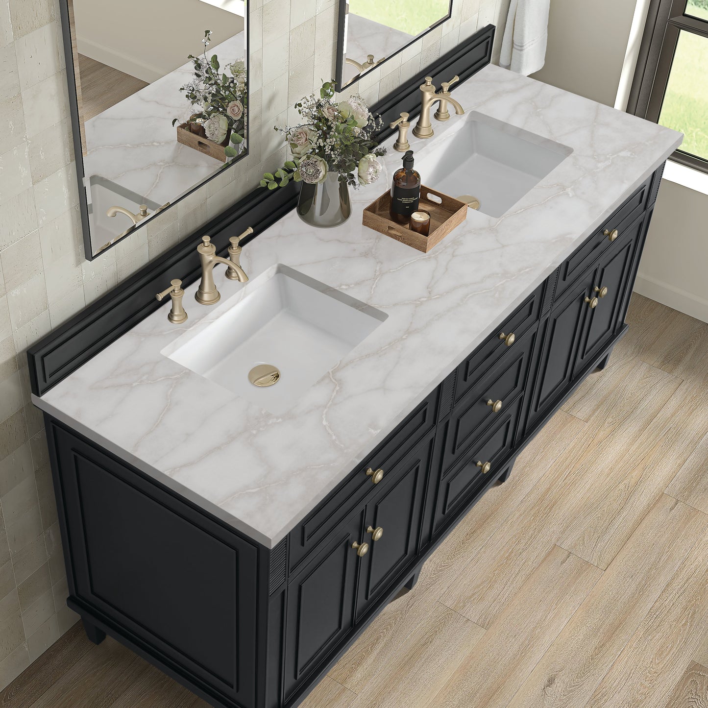 James Martin Vanities Lorelai 72" Black Onyx Double Vanity With 3 CM Victorian Silver Quartz Top