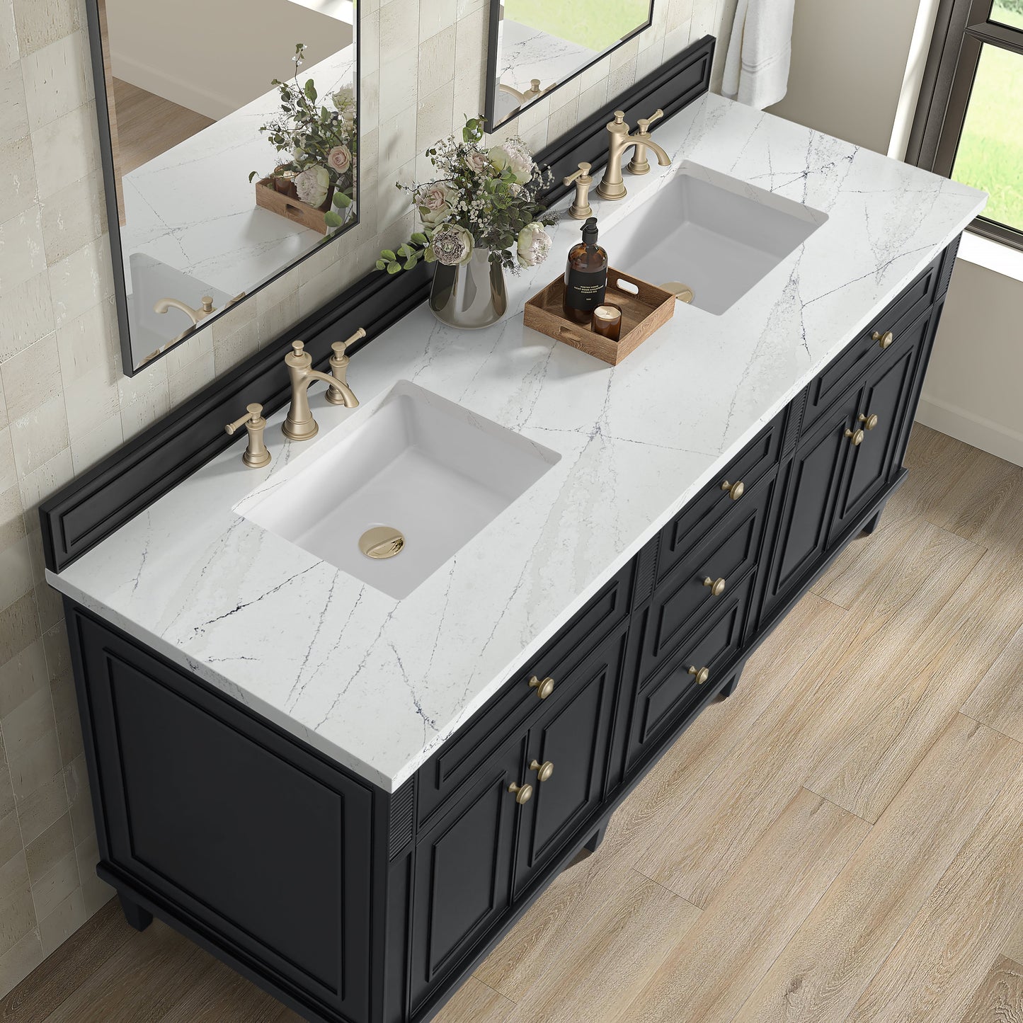 James Martin Vanities Lorelai 72" Black Onyx Double Vanity With 3 CM White Zeus Quartz Top