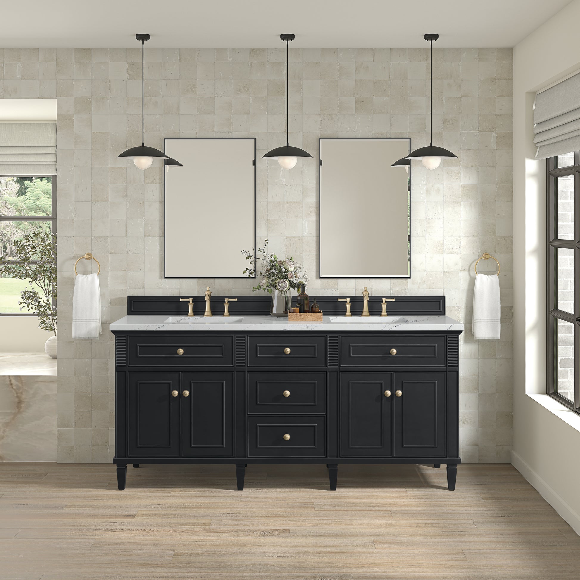 James Martin Vanities Lorelai 72" Black Onyx Double Vanity With 3 cm Ethereal Noctis Silestone Top and FreePower Wireless Charger