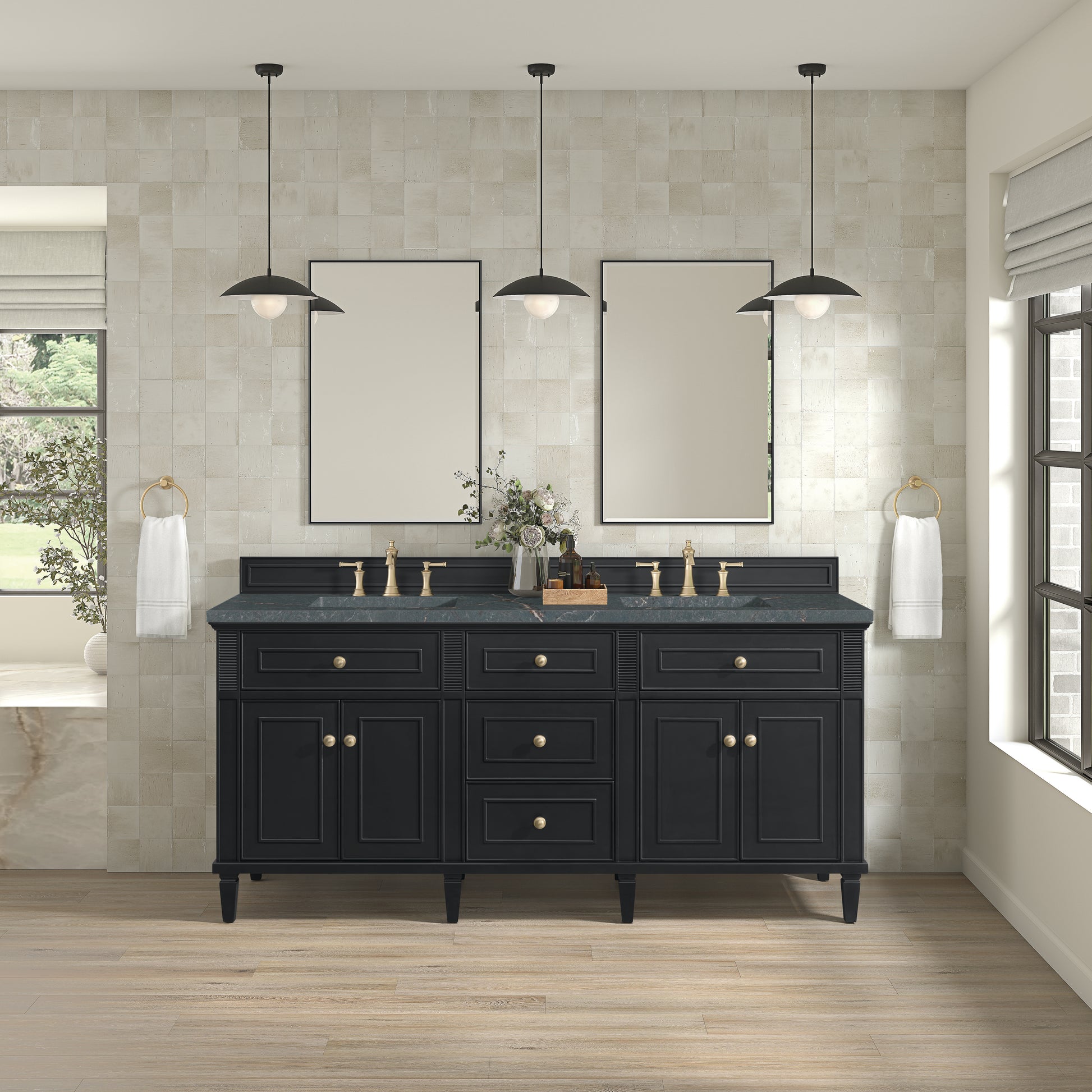 James Martin Vanities Lorelai 72" Black Onyx Double Vanity With 3 cm Parisien Bleu Silestone Top and FreePower Wireless Charger