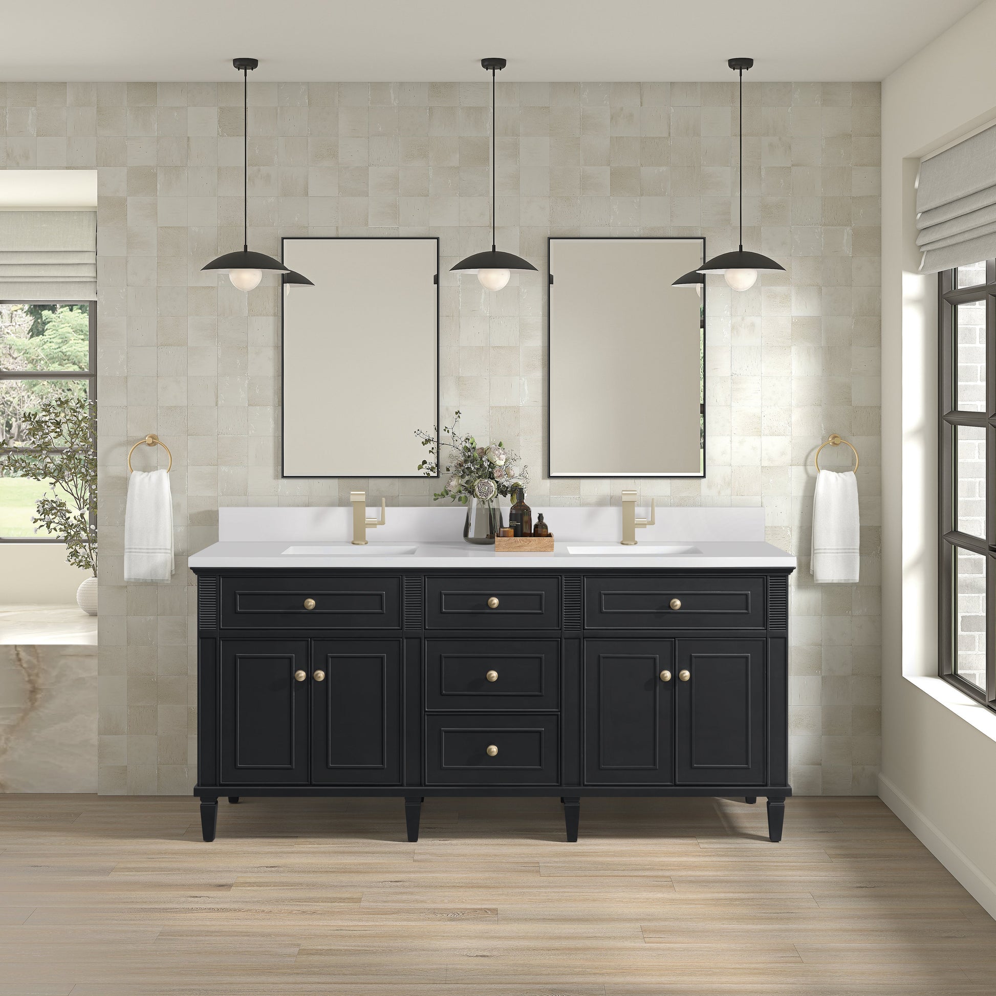 James Martin Vanities Lorelai 72" Black Onyx Double Vanity With Single Hole 3 CM White Zeus Quartz Top & Backsplash