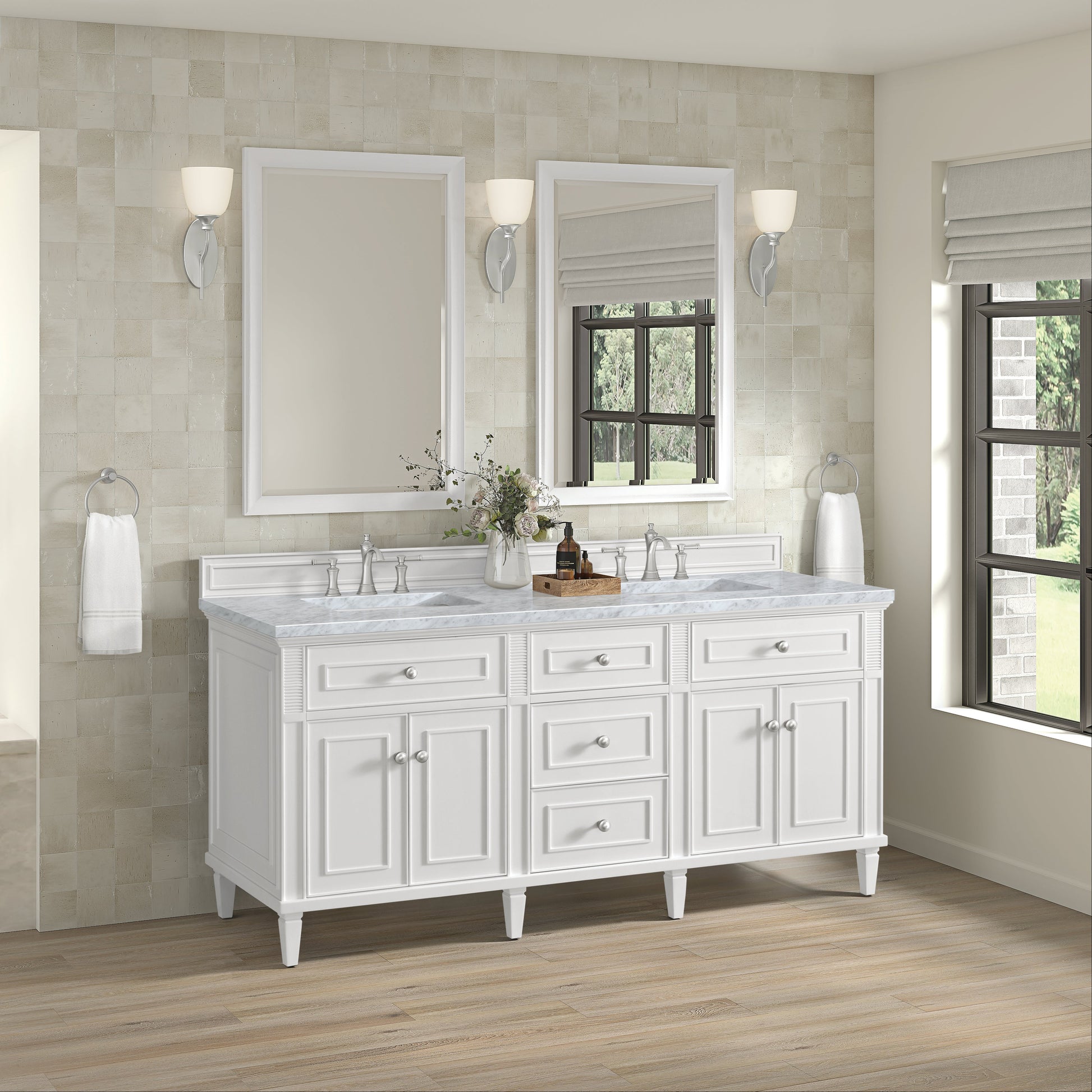 James Martin Vanities Lorelai 72" Bright White Double Vanity With 3 CM Carrara White Marble Top