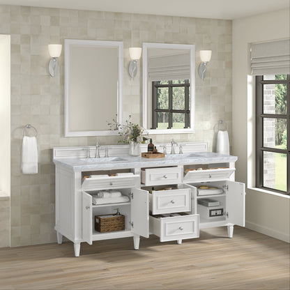 James Martin Vanities Lorelai 72" Bright White Double Vanity With 3 CM Carrara White Marble Top