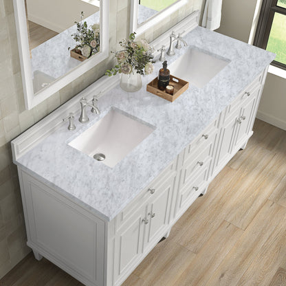 James Martin Vanities Lorelai 72" Bright White Double Vanity With 3 CM Carrara White Marble Top