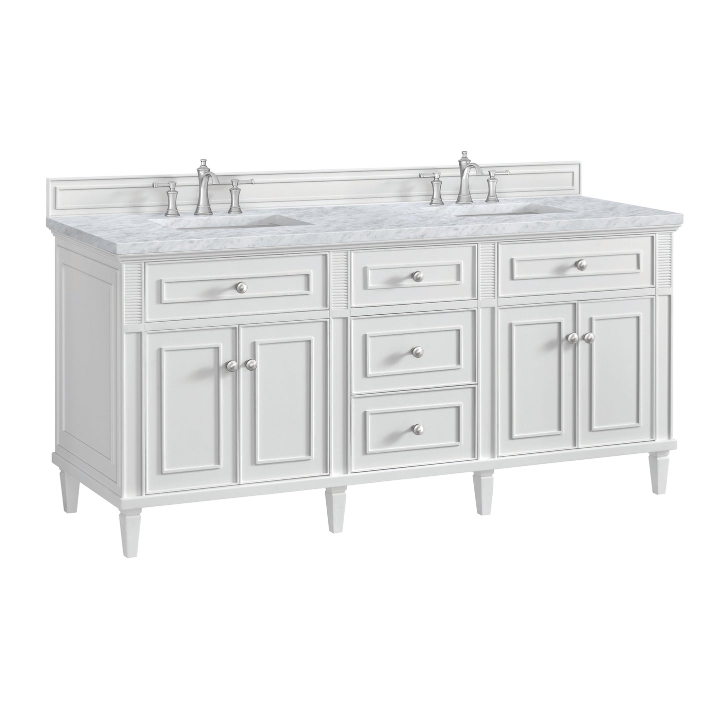 James Martin Vanities Lorelai 72" Bright White Double Vanity With 3 CM Carrara White Marble Top