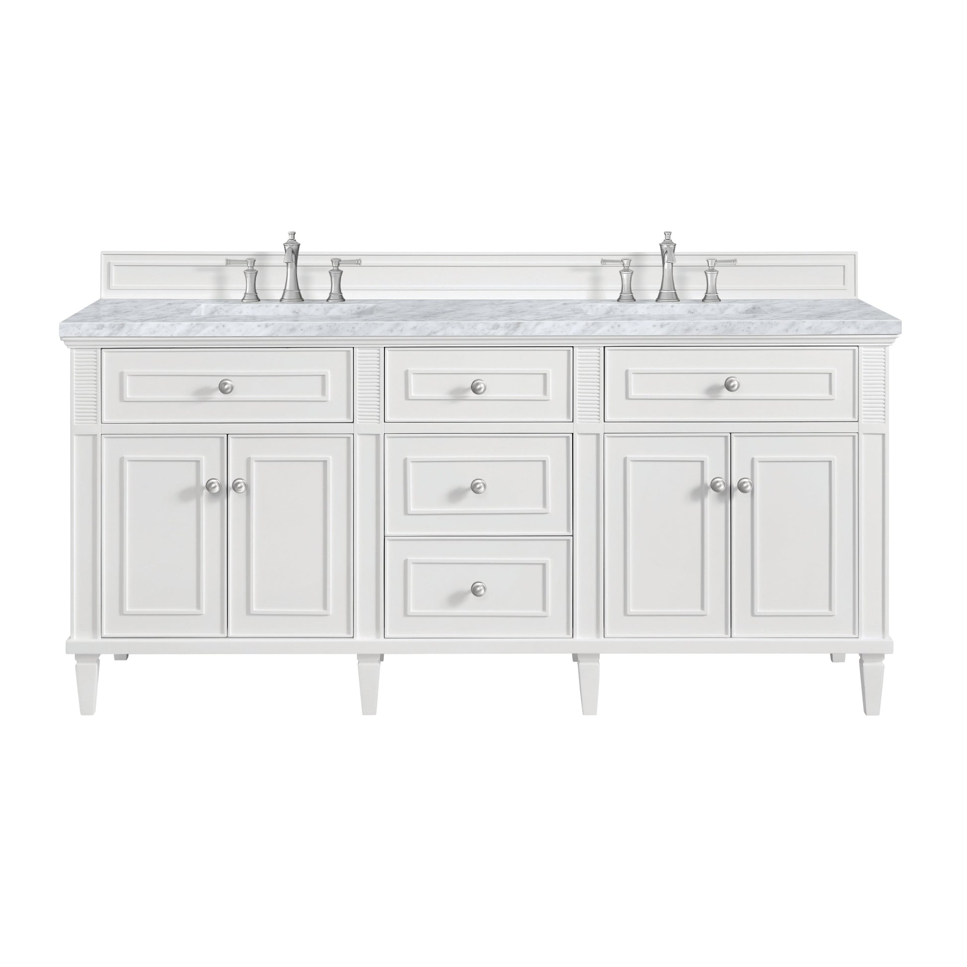 James Martin Vanities Lorelai 72" Bright White Double Vanity With 3 CM Carrara White Marble Top