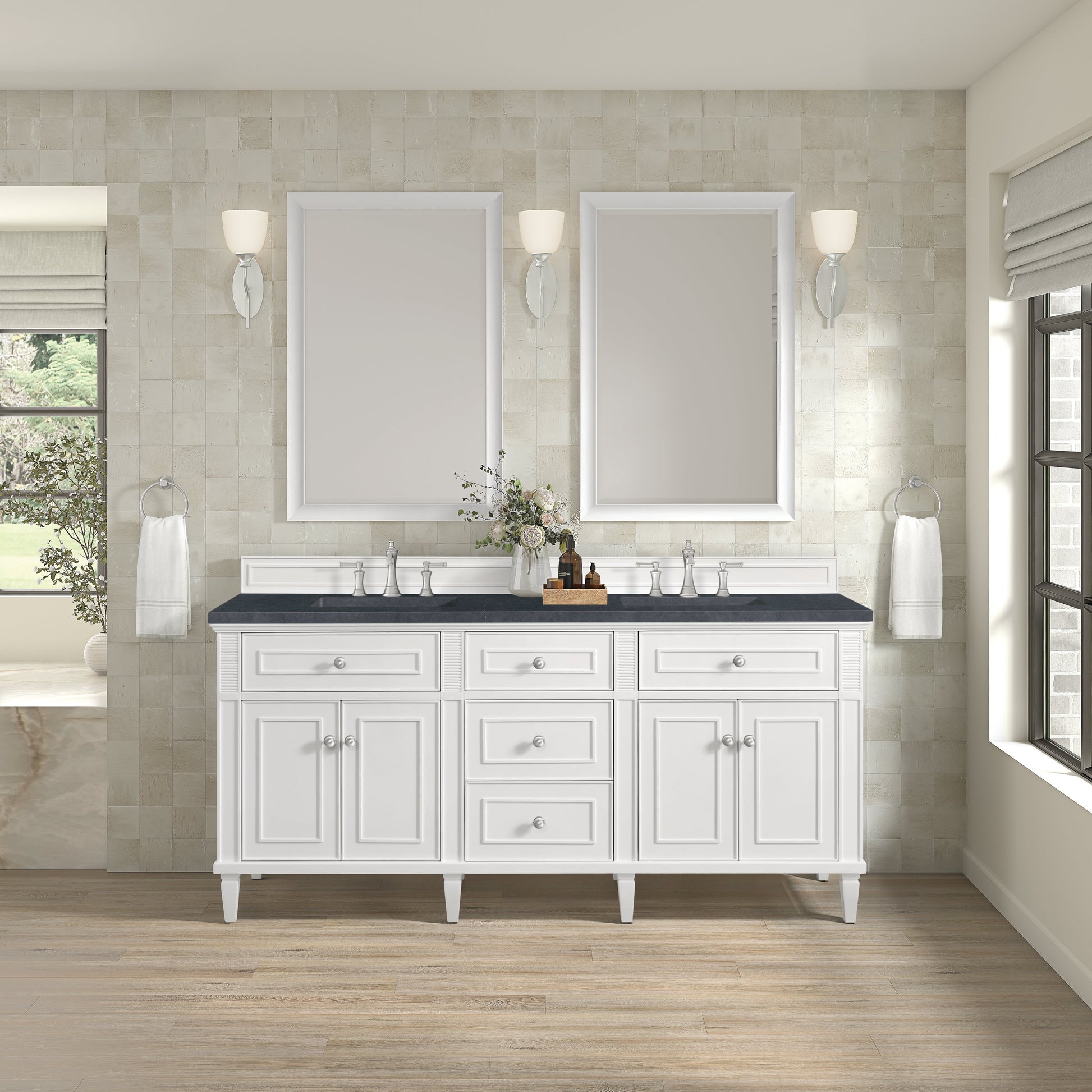 James Martin Vanities Lorelai 72" Bright White Double Vanity With 3 CM Charcoal Soapstone Quartz Top