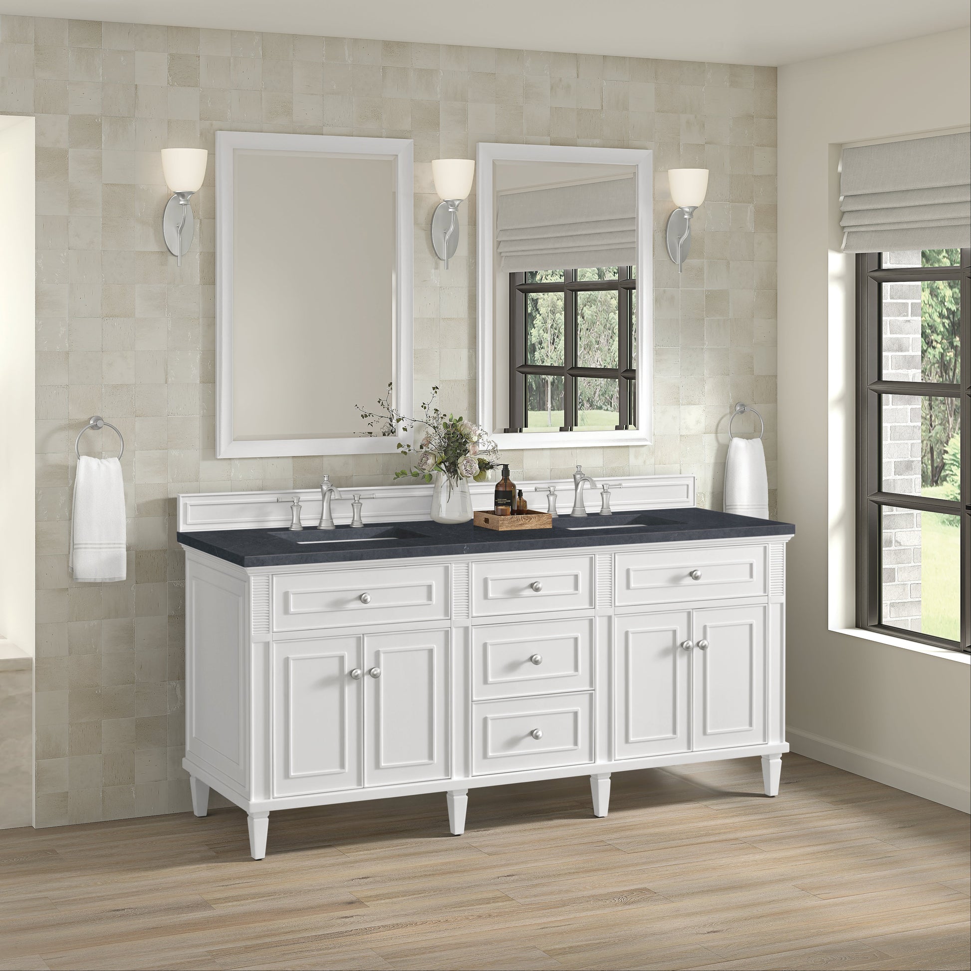 James Martin Vanities Lorelai 72" Bright White Double Vanity With 3 CM Charcoal Soapstone Quartz Top