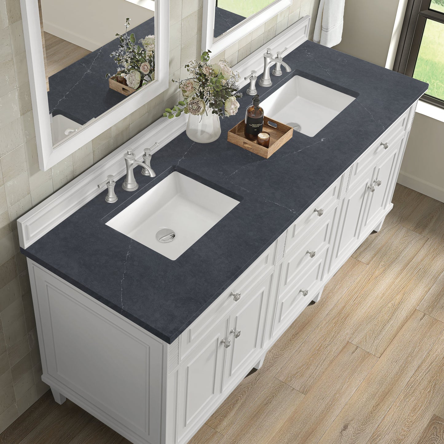 James Martin Vanities Lorelai 72" Bright White Double Vanity With 3 CM Charcoal Soapstone Quartz Top