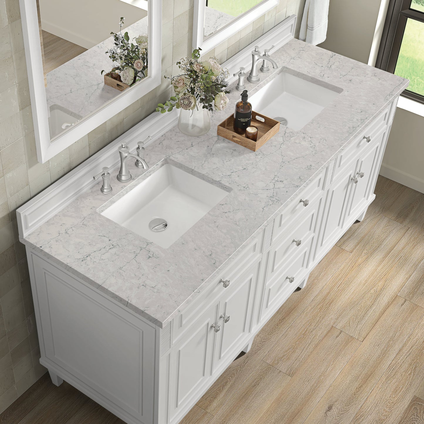 James Martin Vanities Lorelai 72" Bright White Double Vanity With 3 CM Eternal Jasmine Pearl Quartz Top