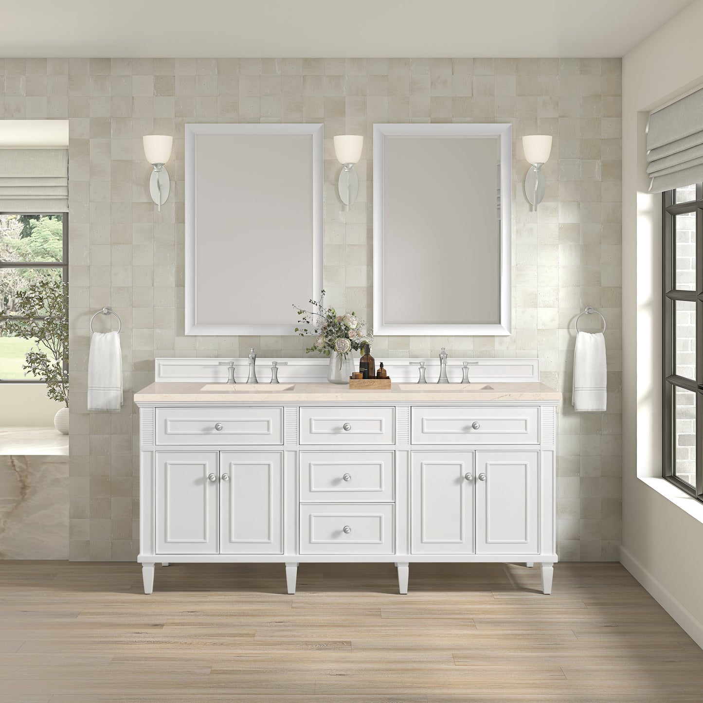 James Martin Vanities Lorelai 72" Bright White Double Vanity With 3 CM Eternal Marfil Quartz Top