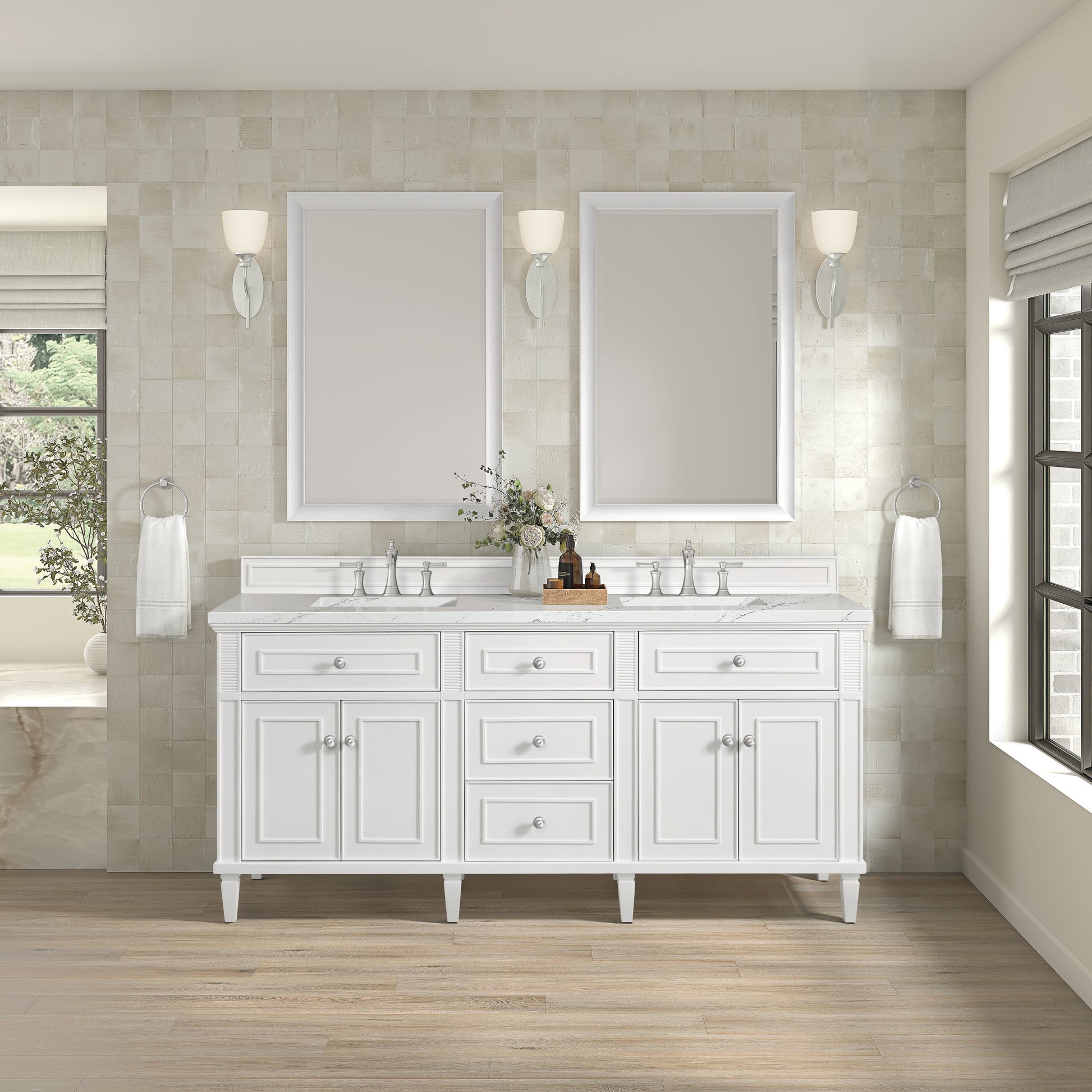 James Martin Vanities Lorelai 72" Bright White Double Vanity With 3 CM Ethereal Noctis Quartz Top