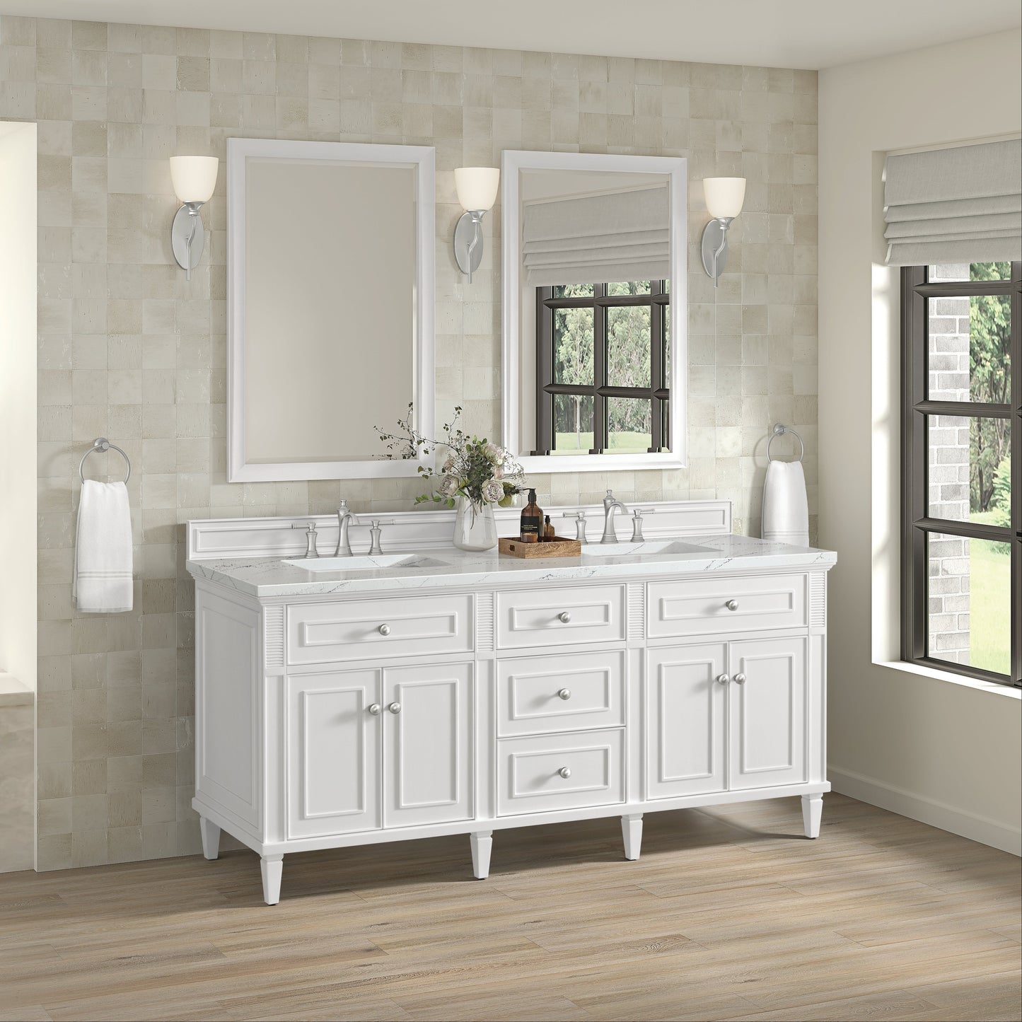 James Martin Vanities Lorelai 72" Bright White Double Vanity With 3 CM Ethereal Noctis Quartz Top