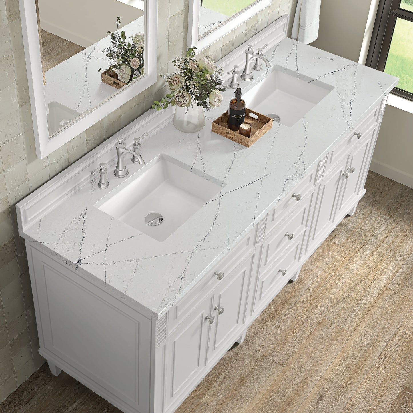 James Martin Vanities Lorelai 72" Bright White Double Vanity With 3 CM Ethereal Noctis Quartz Top