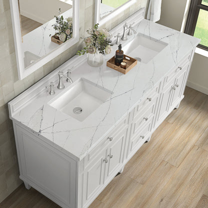 James Martin Vanities Lorelai 72" Bright White Double Vanity With 3 CM Ethereal Noctis Quartz Top