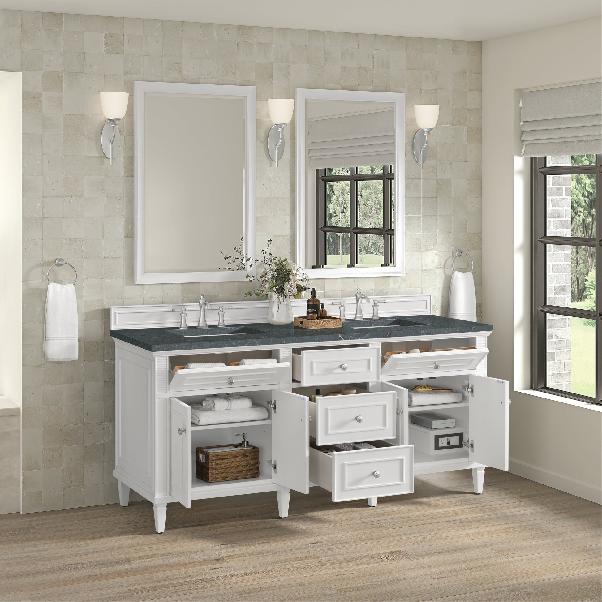 James Martin Vanities Lorelai 72" Bright White Double Vanity With 3 CM Parisien Bleu Quartz Top