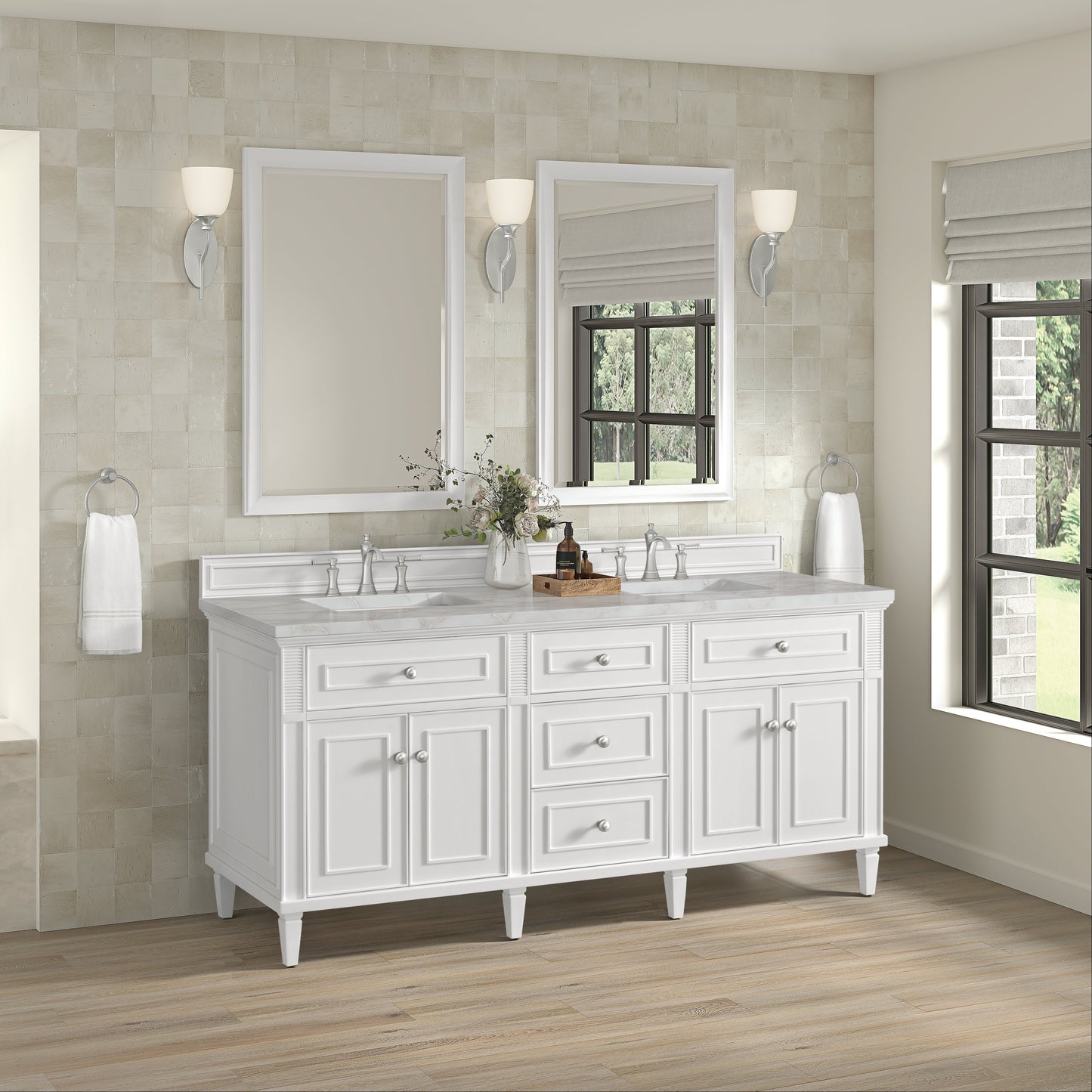 James Martin Vanities Lorelai 72" Bright White Double Vanity With 3 CM Victorian Silver Quartz Top