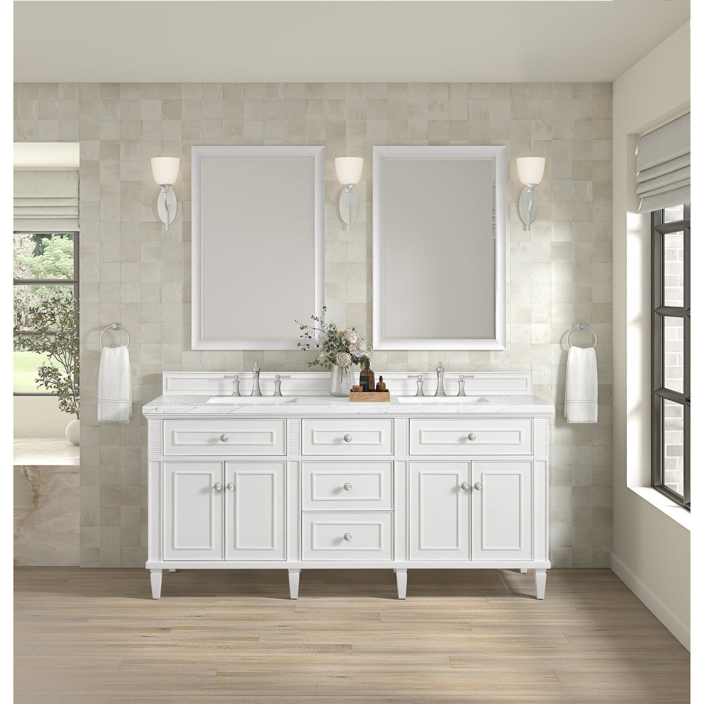 James Martin Vanities Lorelai 72" Bright White Double Vanity With 3 CM White Zeus Quartz Top