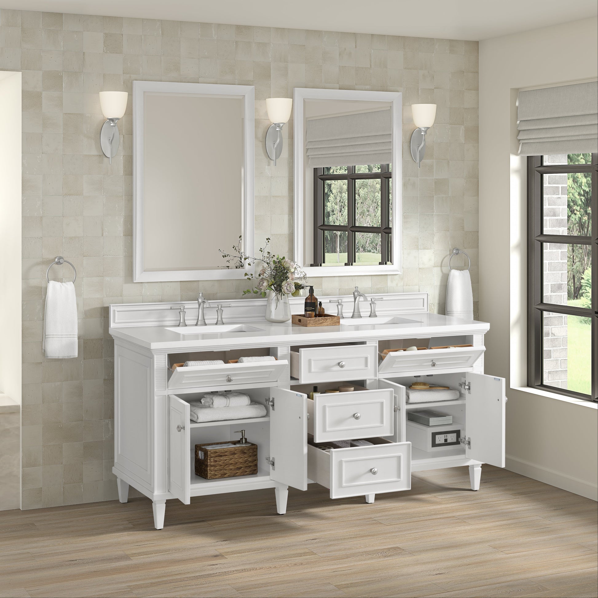 James Martin Vanities Lorelai 72" Bright White Double Vanity With 3 CM White Zeus Quartz Top