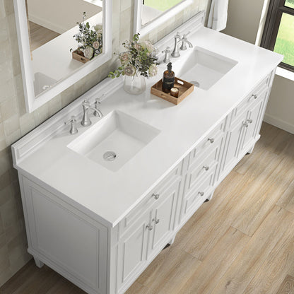 James Martin Vanities Lorelai 72" Bright White Double Vanity With 3 CM White Zeus Quartz Top