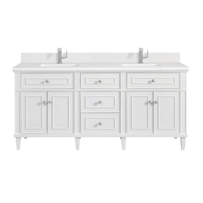 James Martin Vanities Lorelai 72" Bright White Double Vanity With Single Hole 3 CM White Zeus Quartz Top & Backsplash