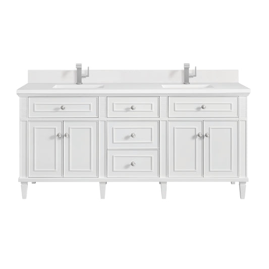 James Martin Vanities Lorelai 72" Bright White Double Vanity With Single Hole 3 CM White Zeus Quartz Top & Backsplash