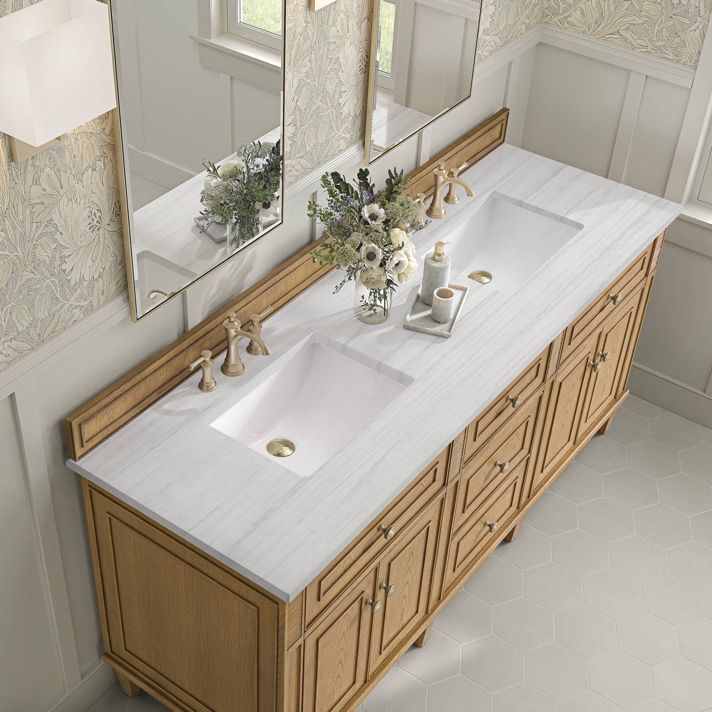 James Martin Vanities Lorelai 72" Light Natural Oak Double Vanity With 3 CM Arctic Fall Solid Surface Top