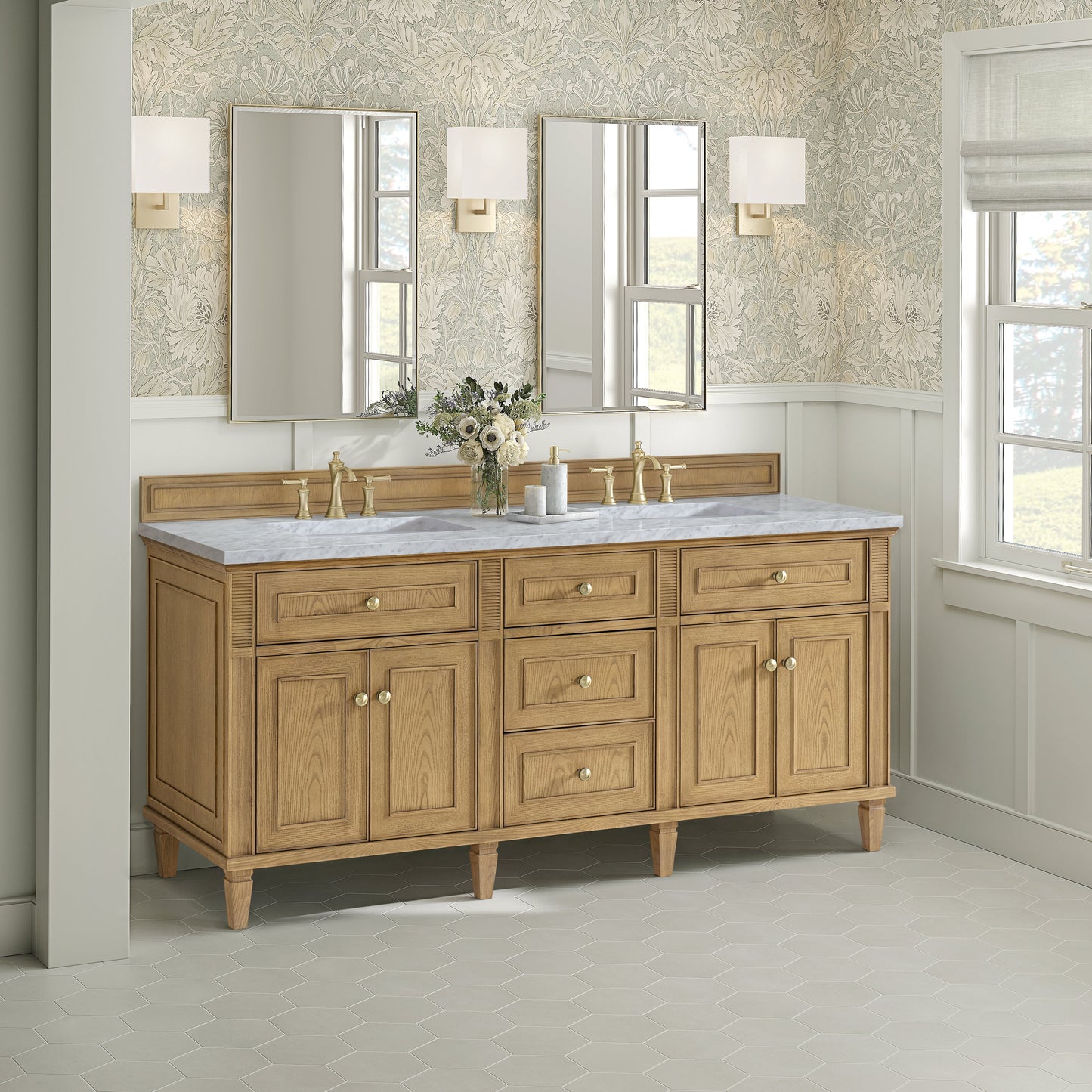 James Martin Vanities Lorelai 72" Light Natural Oak Double Vanity With 3 CM Carrara White Marble Top