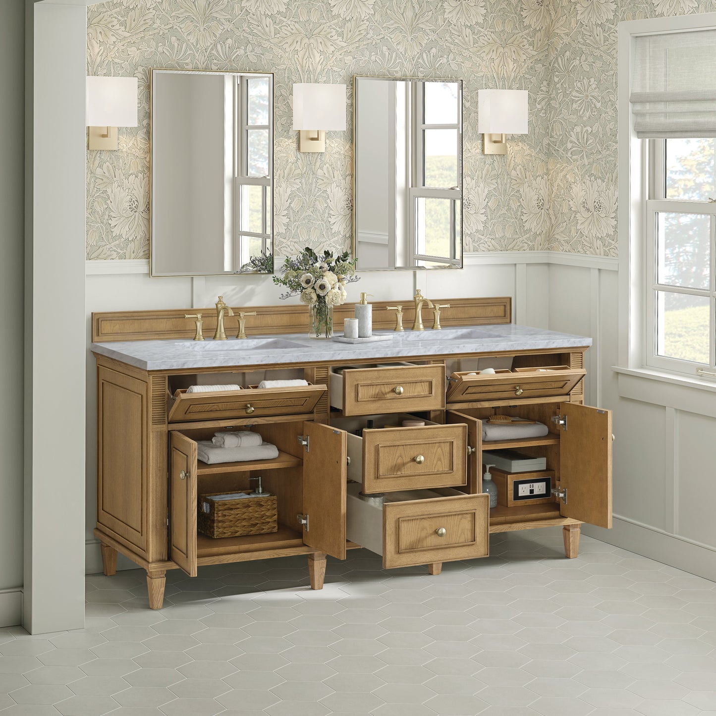 James Martin Vanities Lorelai 72" Light Natural Oak Double Vanity With 3 CM Carrara White Marble Top