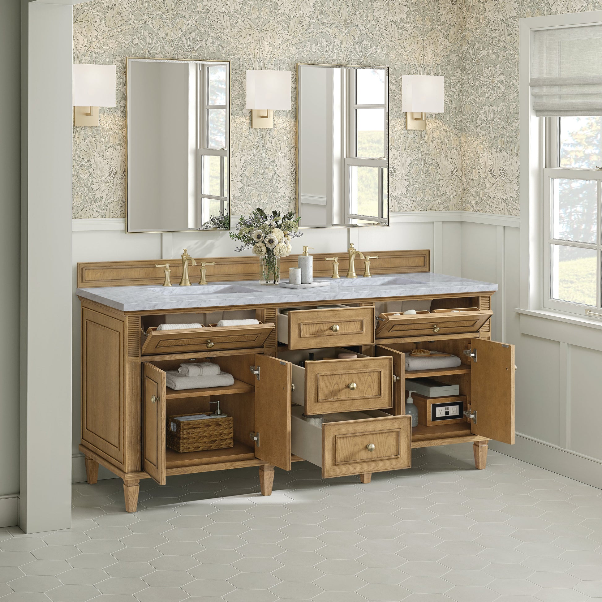 James Martin Vanities Lorelai 72" Light Natural Oak Double Vanity With 3 CM Carrara White Marble Top