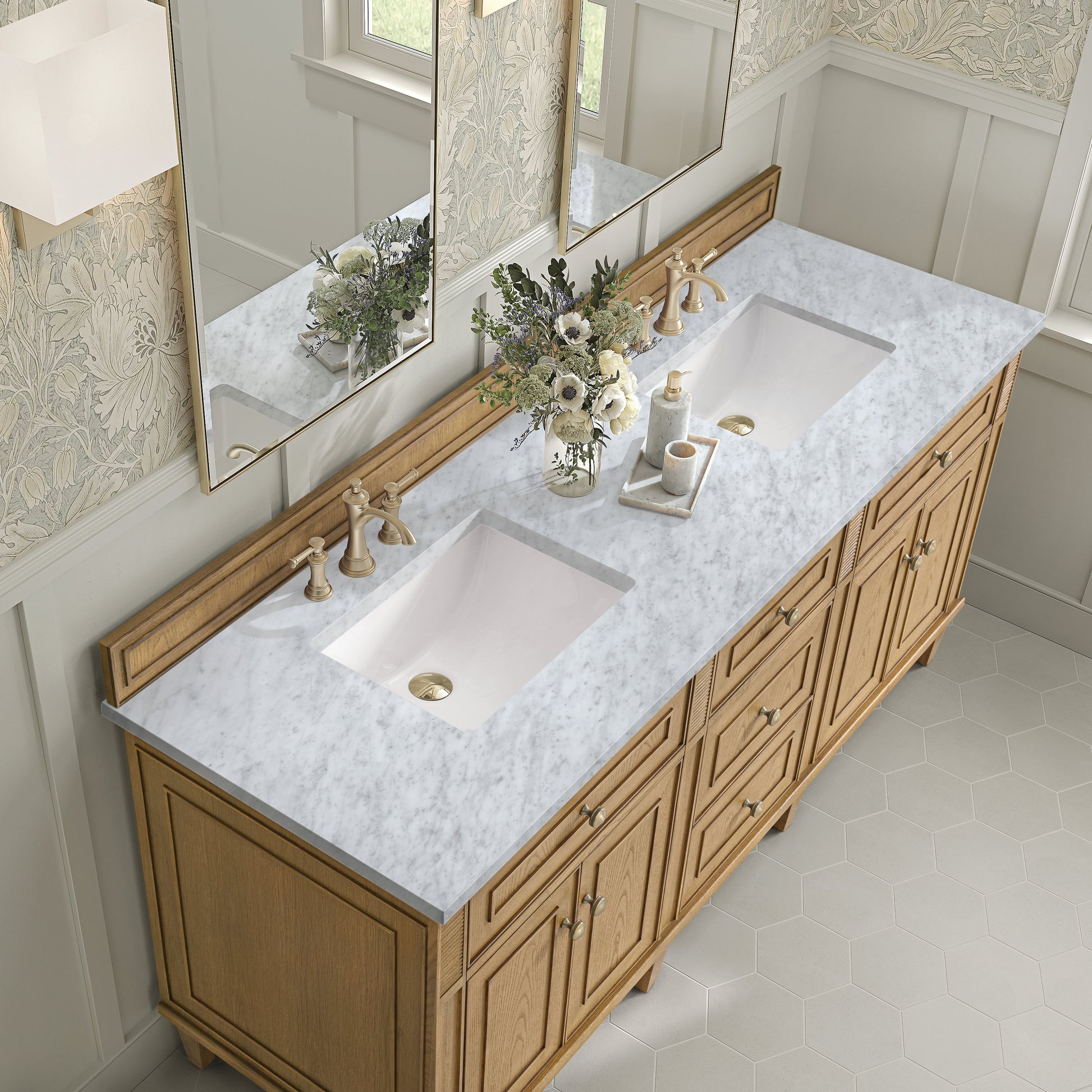 James Martin Vanities Lorelai 72" Light Natural Oak Double Vanity With 3 CM Carrara White Marble Top