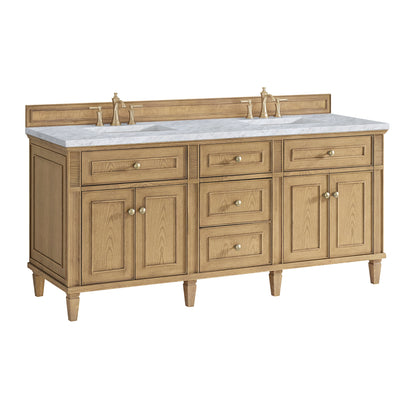 James Martin Vanities Lorelai 72" Light Natural Oak Double Vanity With 3 CM Carrara White Marble Top