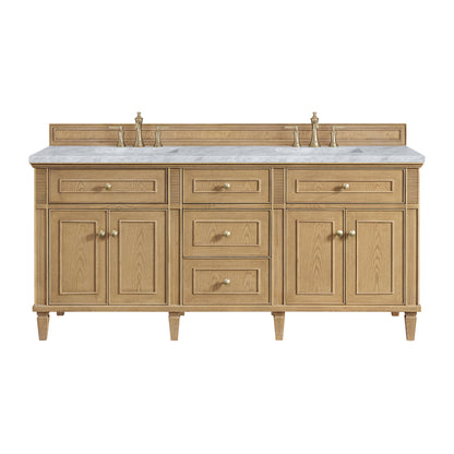 James Martin Vanities Lorelai 72" Light Natural Oak Double Vanity With 3 CM Carrara White Marble Top