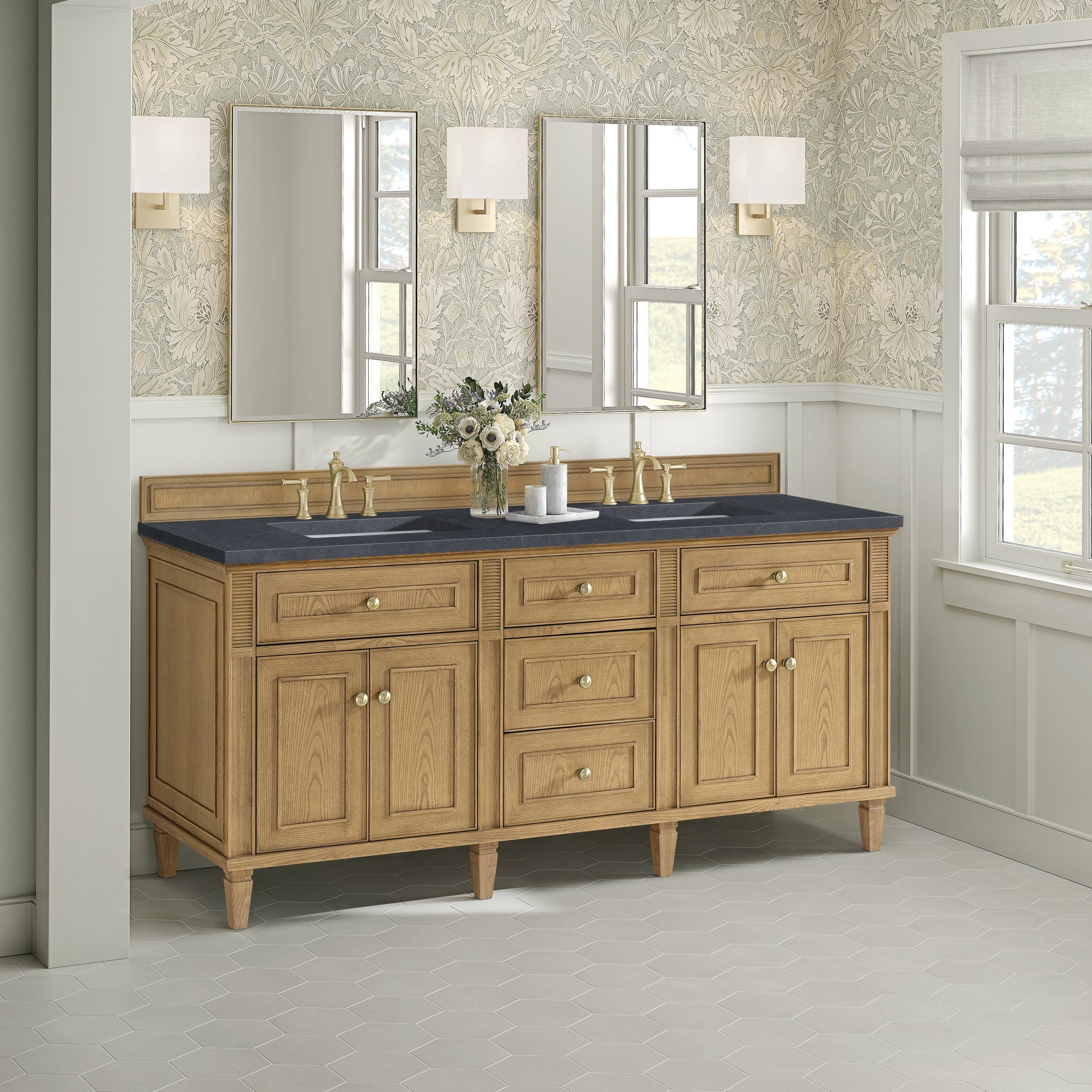 James Martin Vanities Lorelai 72" Light Natural Oak Double Vanity With 3 CM Charcoal Soapstone Quartz Top