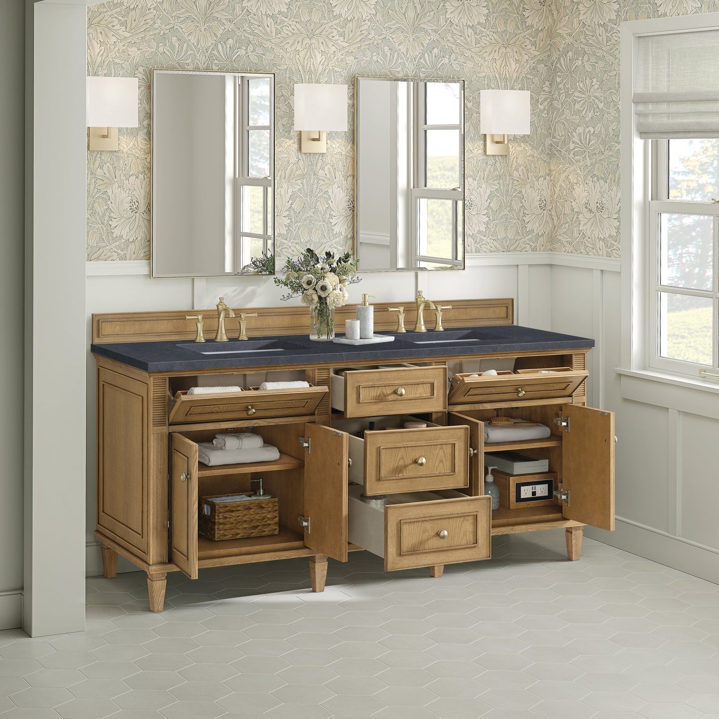 James Martin Vanities Lorelai 72" Light Natural Oak Double Vanity With 3 CM Charcoal Soapstone Quartz Top