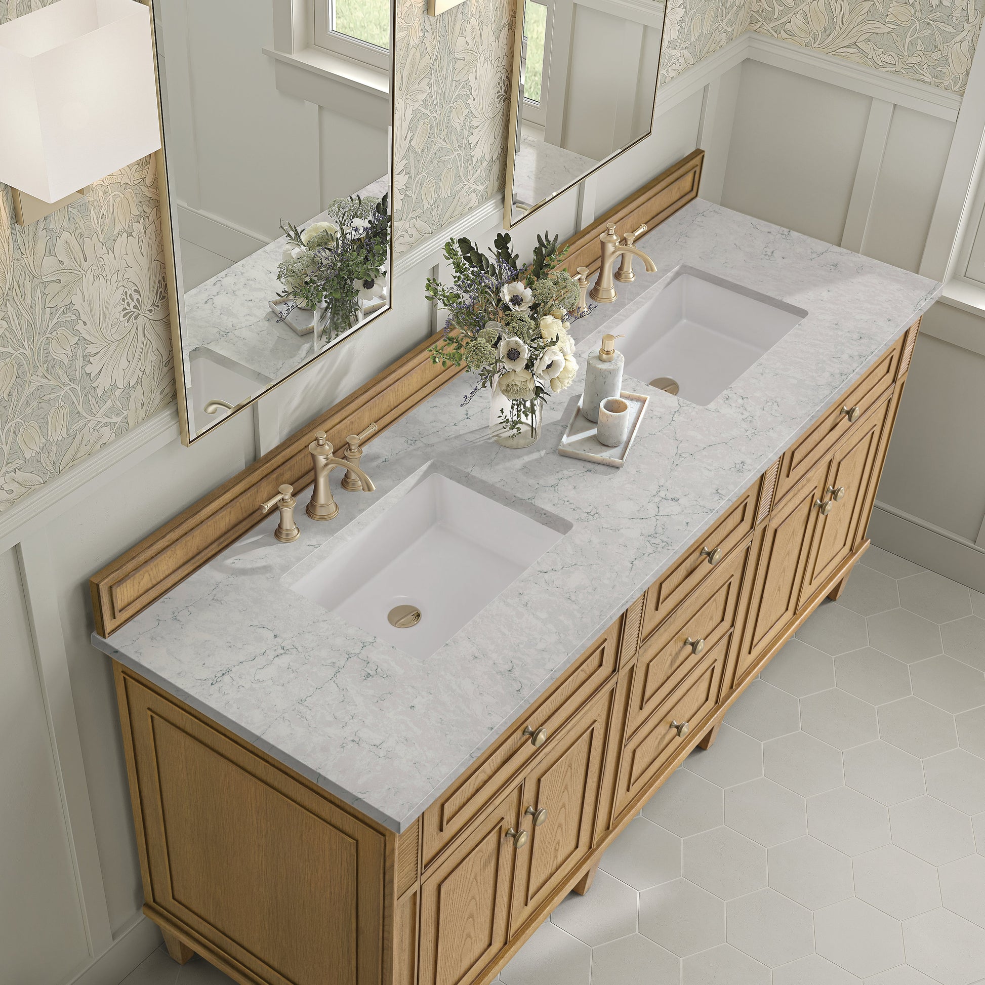 James Martin Vanities Lorelai 72" Light Natural Oak Double Vanity With 3 CM Eternal Jasmine Pearl Quartz Top