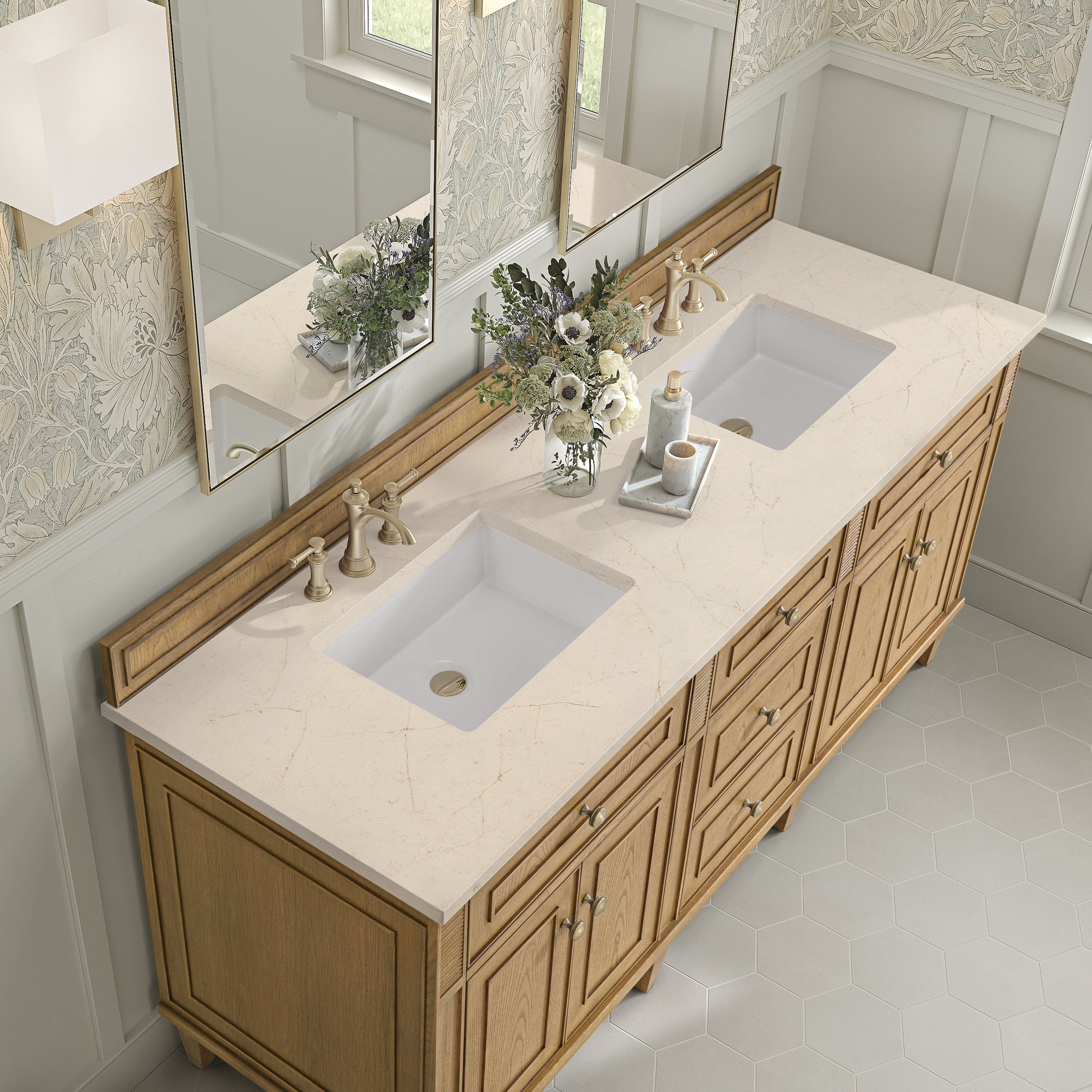 James Martin Vanities Lorelai 72" Light Natural Oak Double Vanity With 3 CM Eternal Marfil Quartz Top