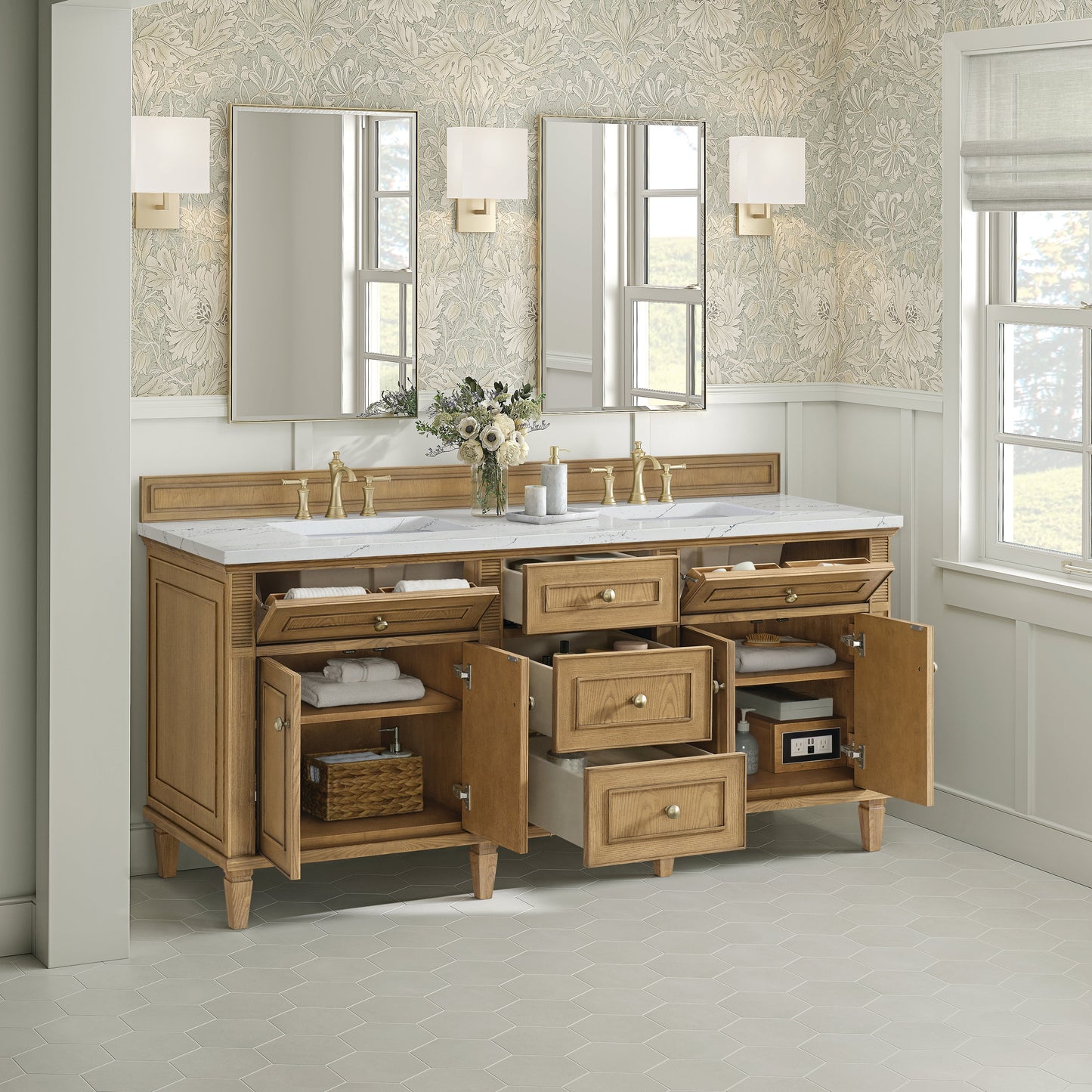 James Martin Vanities Lorelai 72" Light Natural Oak Double Vanity With 3 CM Ethereal Noctis Quartz Top