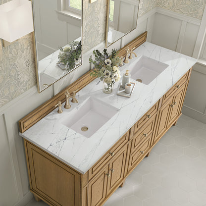 James Martin Vanities Lorelai 72" Light Natural Oak Double Vanity With 3 CM Ethereal Noctis Quartz Top