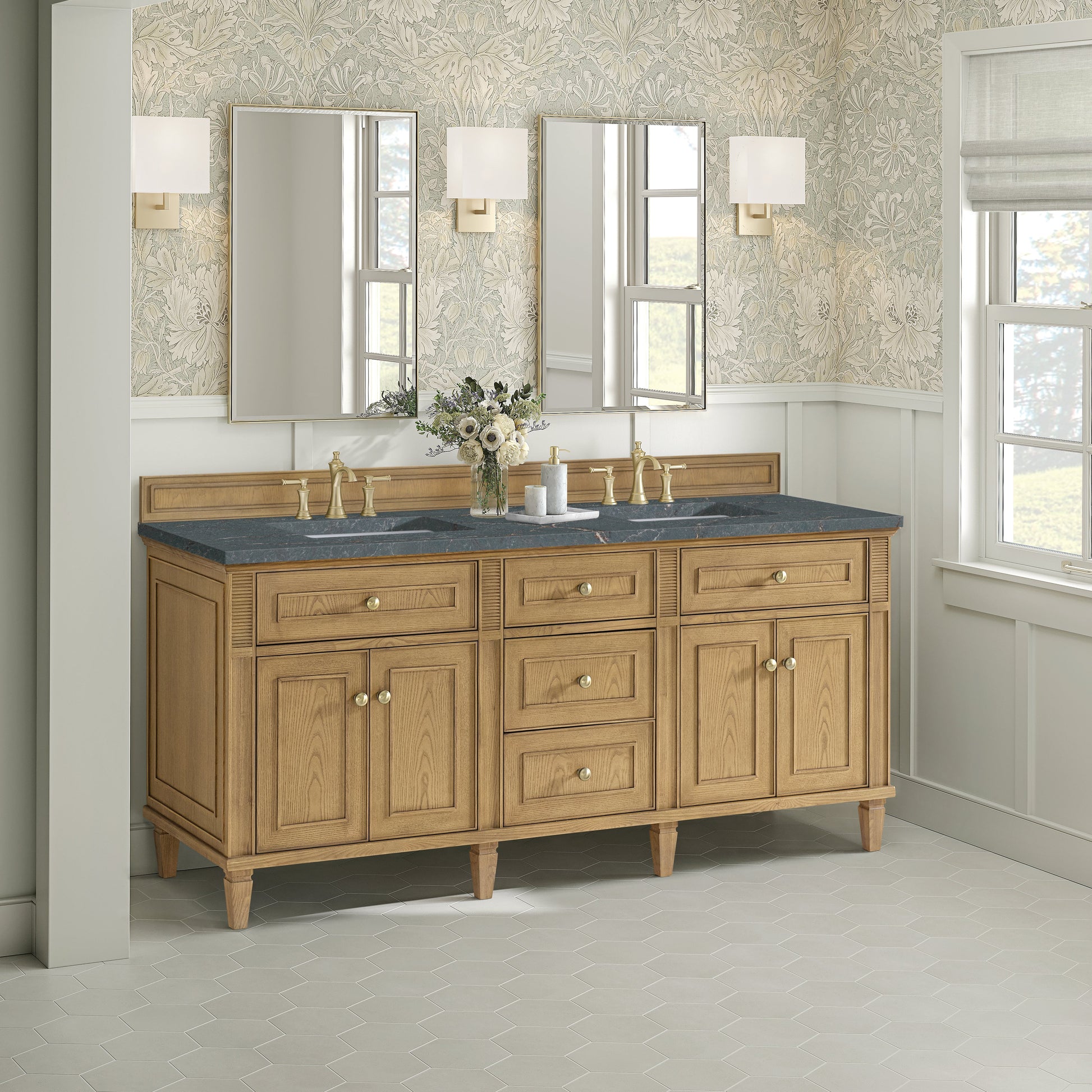 James Martin Vanities Lorelai 72" Light Natural Oak Double Vanity With 3 CM Parisien Bleu Quartz Top