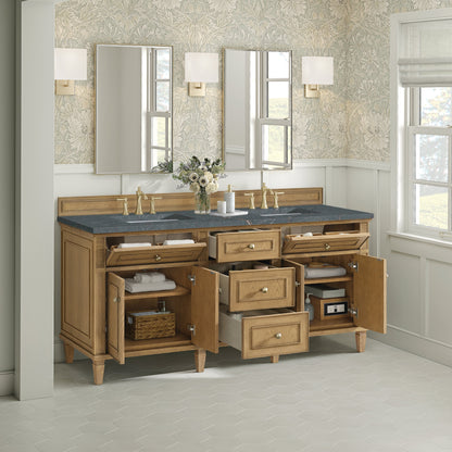 James Martin Vanities Lorelai 72" Light Natural Oak Double Vanity With 3 CM Parisien Bleu Quartz Top