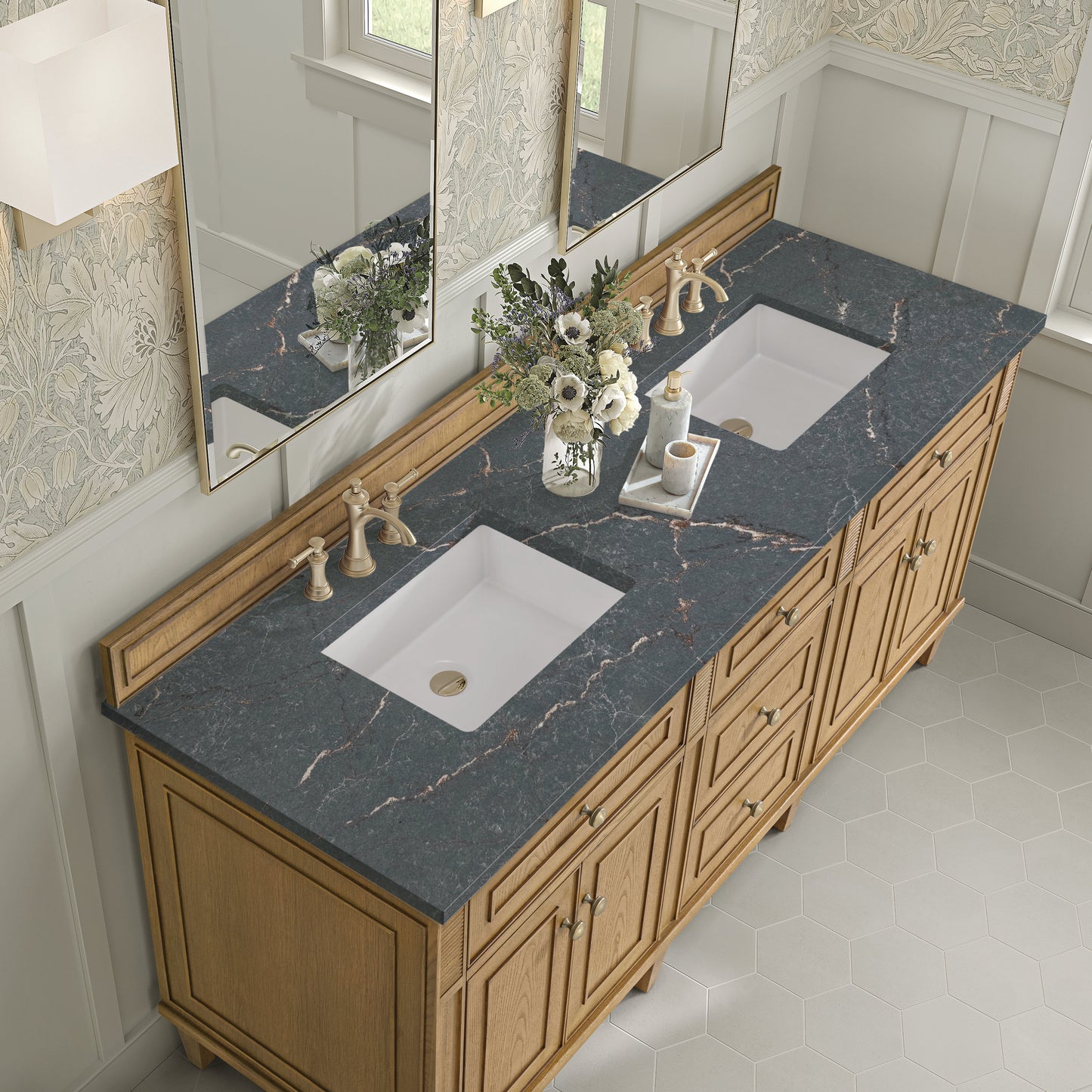 James Martin Vanities Lorelai 72" Light Natural Oak Double Vanity With 3 CM Parisien Bleu Quartz Top