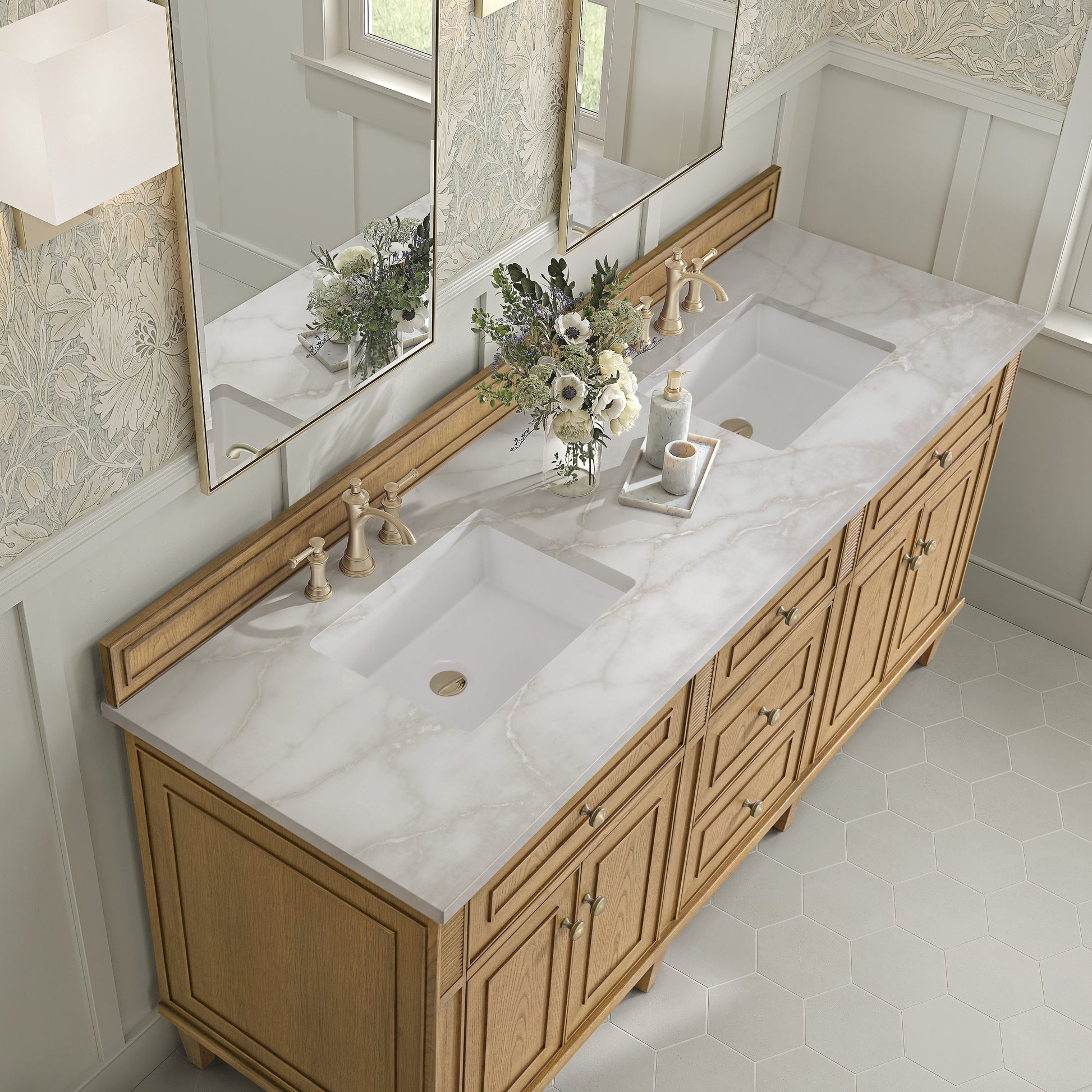 James Martin Vanities Lorelai 72" Light Natural Oak Double Vanity With 3 CM Victorian Silver Quartz Top