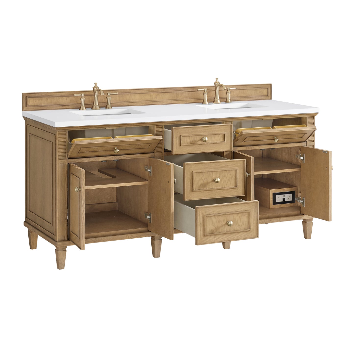 James Martin Vanities Lorelai 72" Light Natural Oak Double Vanity With 3 CM White Zeus Quartz Top