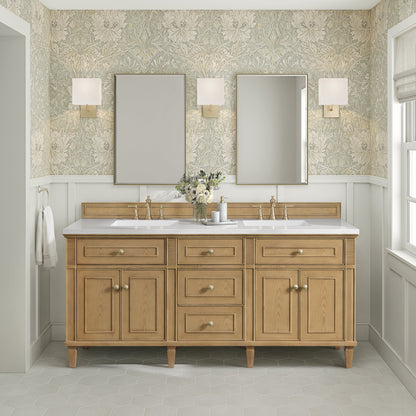 James Martin Vanities Lorelai 72" Light Natural Oak Double Vanity With 3 CM White Zeus Quartz Top